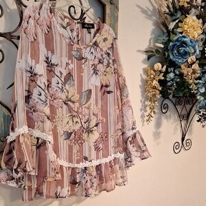 Melissa Paige Pink & Brown Ruffled Bell Sleeve Blouse Size Medium